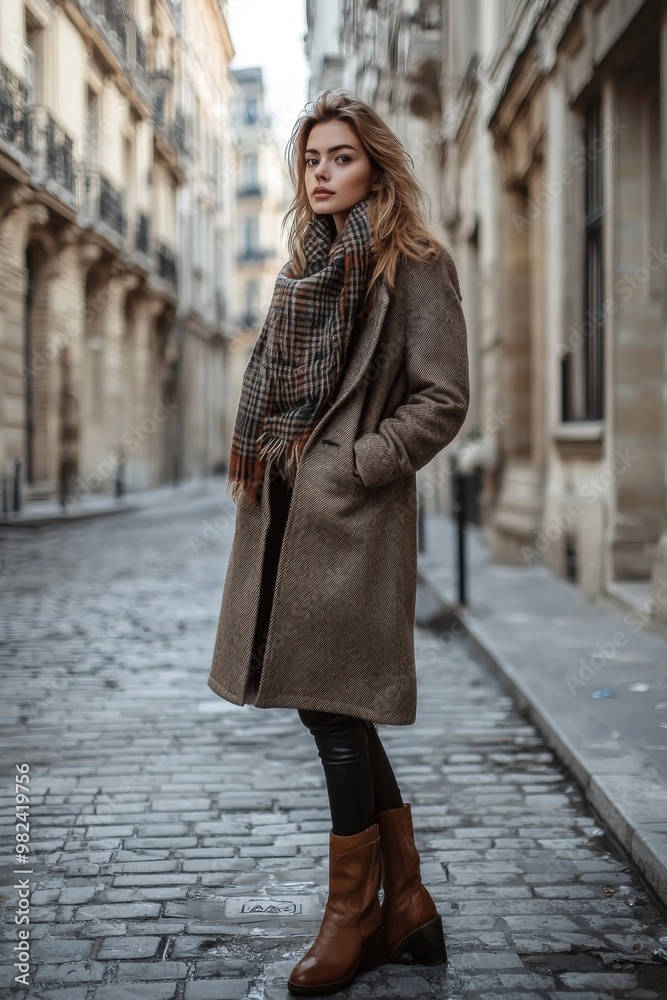 Stylish young woman in elegant winter coat strolling along cobblestone street in picturesque Stylish young woman in elegant winter coat strolling along cobblestone street in picturesque