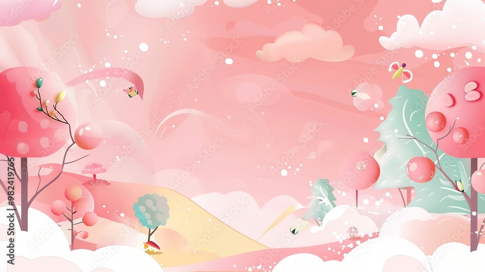 A delightful children's cartoon scene set against a dreamy pink background. There are colorful and cute characters that might be animals or little people A delightful children's cartoon scene set against a dreamy pink background. There are colorful and cute characters that might be animals or little people