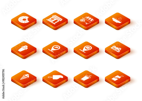 Set Ice cream in waffle cone, Location with slice pizza, Glass water, burger, Soda can drinking straw and Taco tortilla icon. Vector