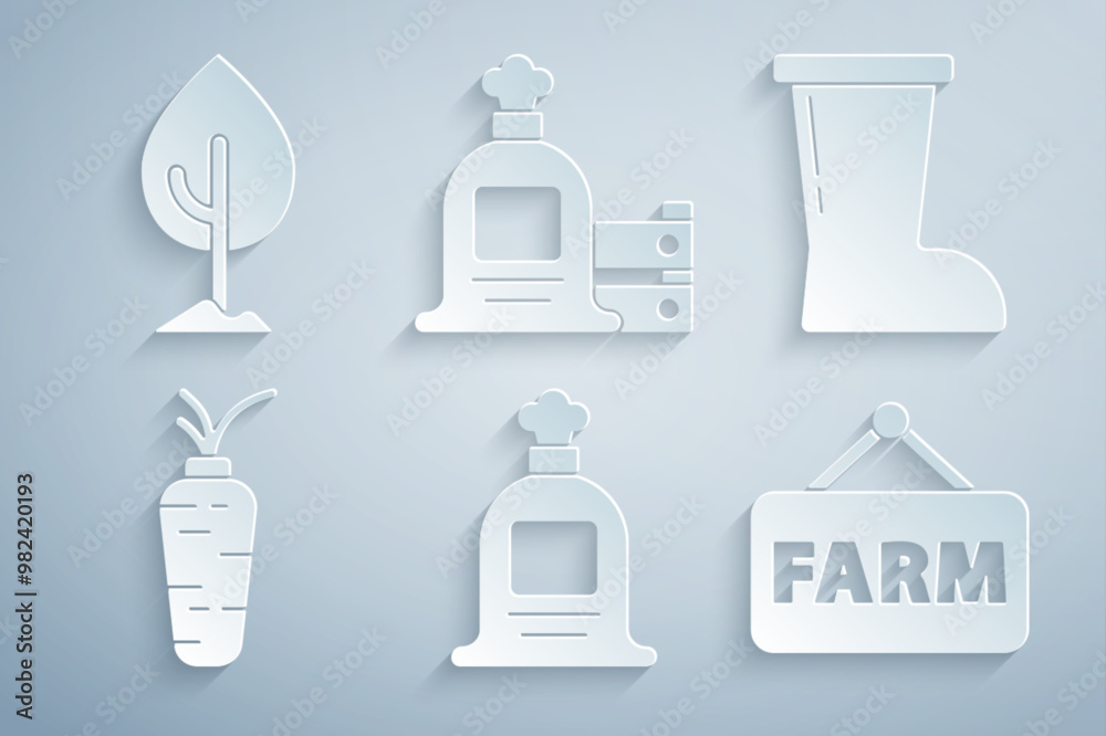 Set Full sack, Waterproof rubber boot, Carrot, Signboard with text Farm, and wooden box and Tree icon. Vector Set Full sack, Waterproof rubber boot, Carrot, Signboard with text Farm, and wooden box and Tree icon. Vector