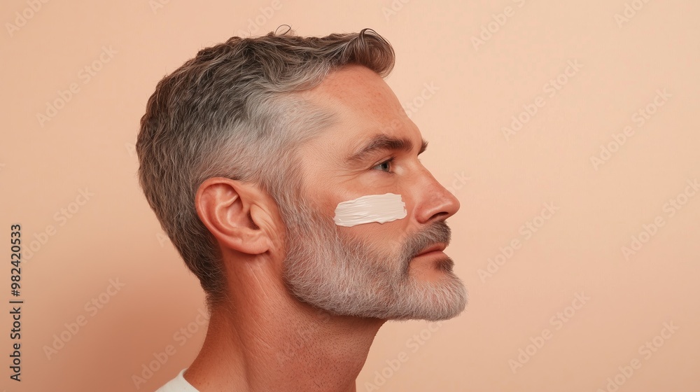 Obraz premium Man applying facial cream while standing against a peach-colored wall in a well-lit room during daytime