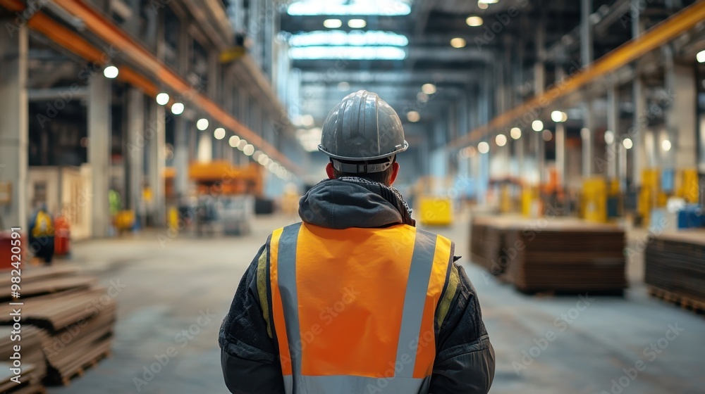 Construction worker assessing a spacious warehouse during daylight with safety gear and reflective jacket Construction worker assessing a spacious warehouse during daylight with safety gear and reflective jacket