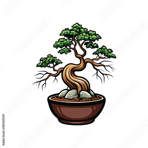 A small bonsai tree with green leaves, brown branches, and a thick trunk growing on a rock in a brown pot.