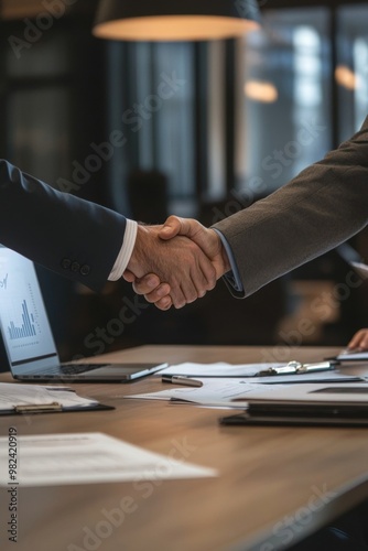 Two Business Professionals Shaking Hands Over Documents in Office