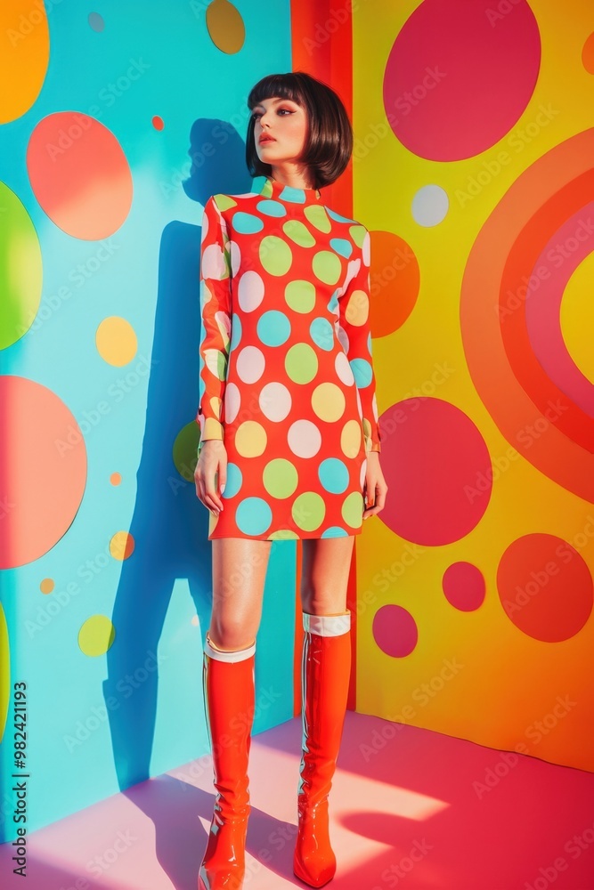 Vibrant Polka Dot Dress Worn by Fashionable Woman in Studio with Colorful Abstract Background Vibrant Polka Dot Dress Worn by Fashionable Woman in Studio with Colorful Abstract Background