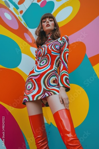 Vibrant and Playful 1960s Mod Fashion Woman in Swirling Patterned Dress Against Colorful Abstract photo