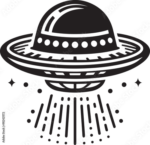 black Flying saucer silhouette vector icon, black and white