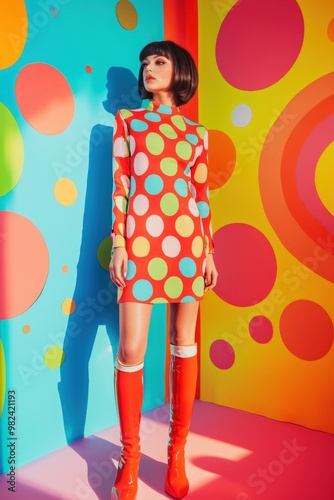 Vibrant Polka Dot Dress Worn by Fashionable Woman in Studio with Colorful Abstract Background photo