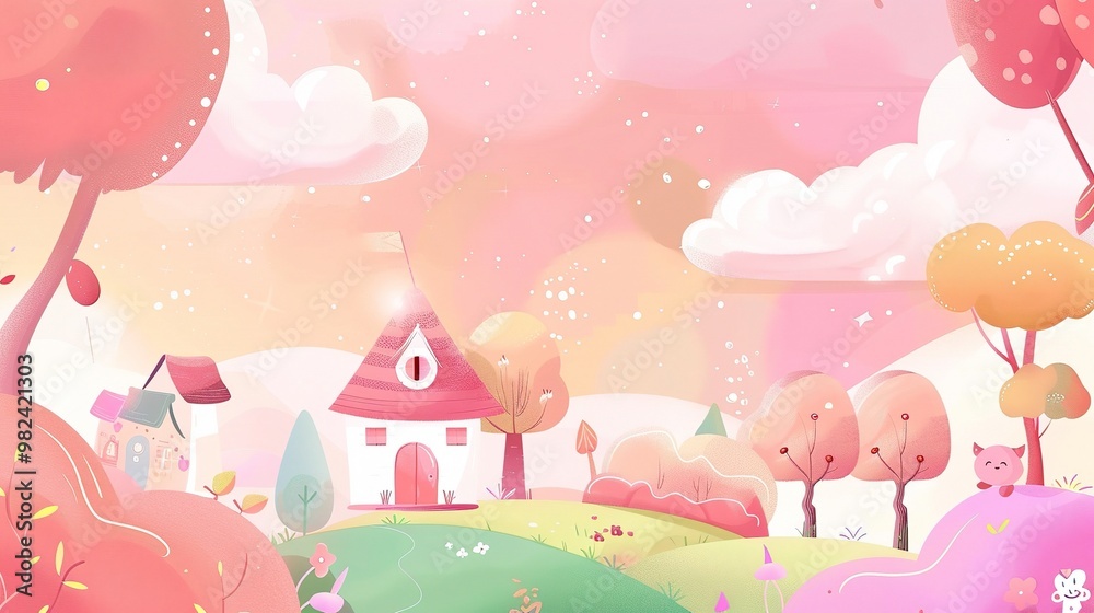 A delightful children's cartoon scene set against a dreamy pink background. There are colorful and cute characters that might be animals or little people A delightful children's cartoon scene set against a dreamy pink background. There are colorful and cute characters that might be animals or little people