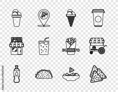 Set line Bottle of water, Nachos, Ice cream in waffle cone, Taco with tortilla, Glass, plate and Fast street food cart icon. Vector