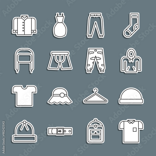Set line Polo shirt, Beanie hat, Hoodie, Sport pants, Men underpants, Winter with ear flaps, T-shirt and Camouflage cargo icon. Vector