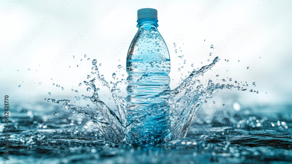 A plastic water bottle being splashed with clear, clean, and refreshing blue liquid A plastic water bottle being splashed with clear, clean, and refreshing blue liquid