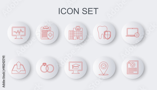 Set line Clinical record, Upload inbox, Dental clinic, Map pointer with heart, Monitor cardiogram, Clipboard medical insurance, Wedding rings and graduation cap icon. Vector
