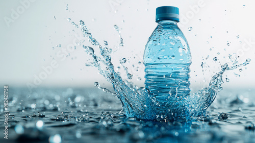 A plastic water bottle being splashed with clear, clean, and refreshing blue liquid