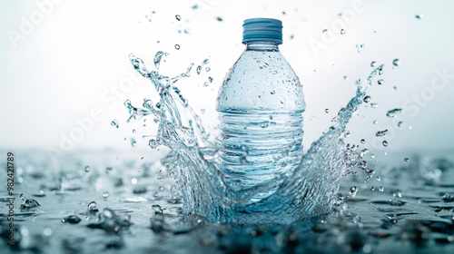 A plastic water bottle being splashed with clear, clean, and refreshing blue liquid