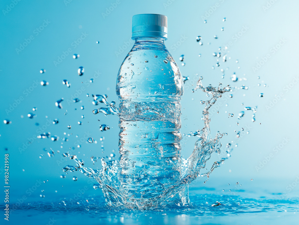 A plastic water bottle being splashed with clear, clean, and refreshing blue liquid A plastic water bottle being splashed with clear, clean, and refreshing blue liquid