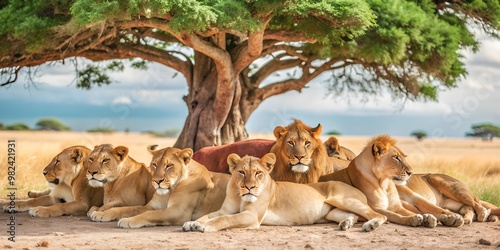 Majestic pride of lions resting under the shade of a large tree in the savanna photo