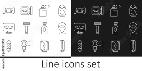 Set line Curling iron for hair, Barbershop, Aftershave bottle with atomizer, Shaving razor, Bow tie, Cream lotion cosmetic tube and icon. Vector