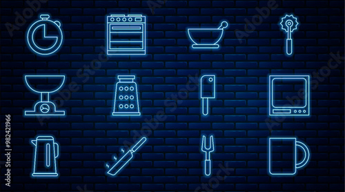 Set line Coffee cup, Electronic scales, Mortar and pestle, Grater, Kitchen timer, Meat chopper and Oven icon. Vector
