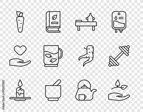 Set line Aroma candle, Leaf in hand, Massage table with oil, Mortar pestle, Carrot, Cup of tea leaf, Teapot cup and Dumbbell icon. Vector