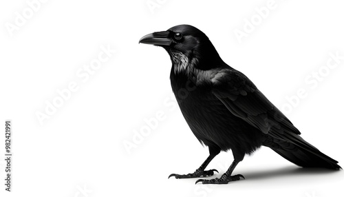 A black raven, Halloween bird, dark feathers, realistic detail, isolated on white background