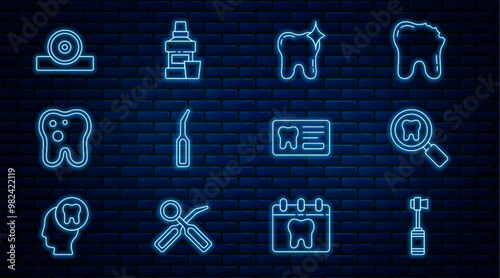 Set line Toothbrush, Dental search, whitening, explorer scaler, with caries, Otolaryngological head reflector, card and Mouthwash bottle icon. Vector photo