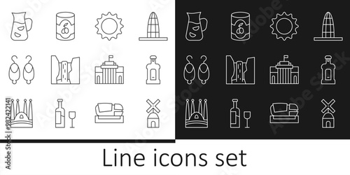 Set line Windmill, Orujo, Sun, Algar waterfall, Earrings, Sangria, Prado museum and Olives can icon. Vector