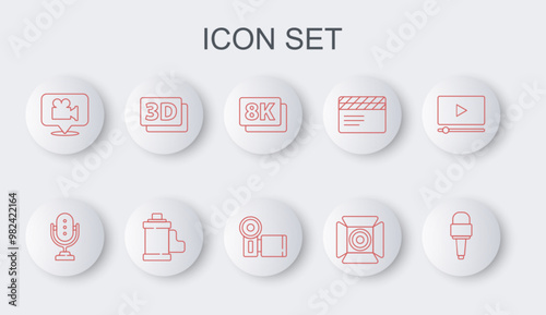 Set line Microphone, 8k Ultra HD, Movie spotlight, Camera and location, 3D word, film roll cartridge and Cinema camera icon. Vector