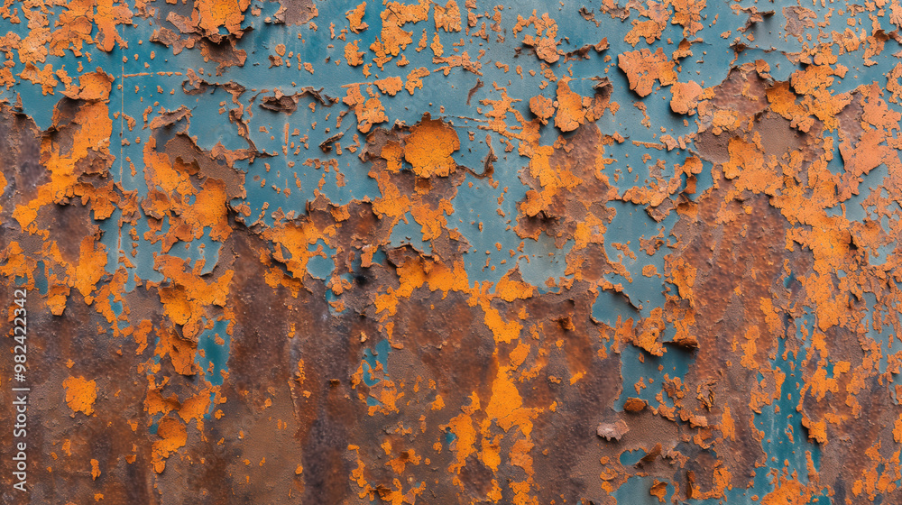 Peeling rusty paint texture, orange and blue, weathered surface