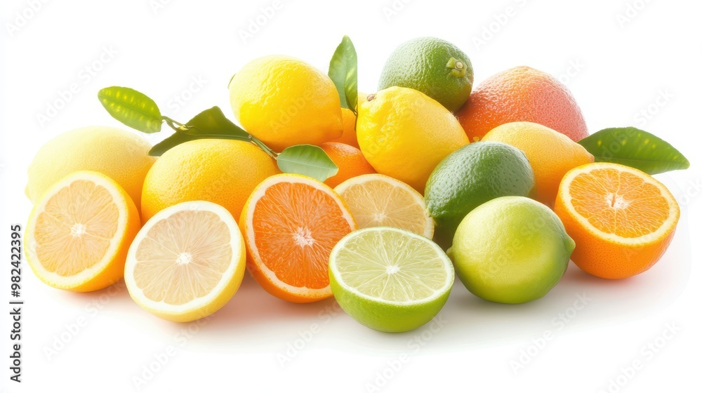 A collection of citrus fruits including lemons, limes, and oranges, arranged together on a white background. The vibrant colors of the fruits stand out. A collection of citrus fruits including lemons, limes, and oranges, arranged together on a white background. The vibrant colors of the fruits stand out.