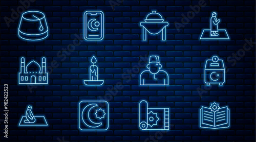 Set line Holy book of Koran, Donate pay your zakat, Table food, Burning candle, Muslim Mosque, Turkish hat, man and Star crescent icon. Vector
