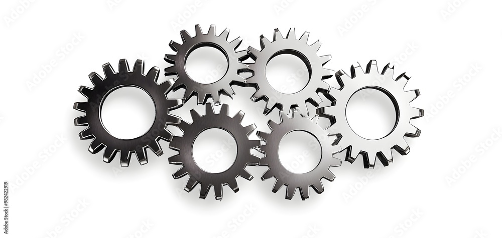 A network of gears, symbolizing teamwork and innovation, detailed metallic design, isolated on white background A network of gears, symbolizing teamwork and innovation, detailed metallic design, isolated on white background