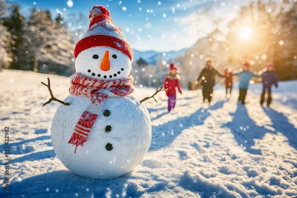 Fototapeta premium Snowman with a carrot nose and scarf and kids playing around in a snowy field.
