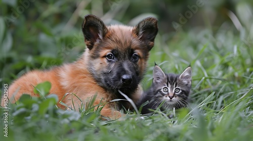 Shepherd puppy affection and a kitten in the grass