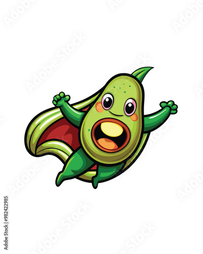 A smiling avocado superhero with a red cape flies through the sky.