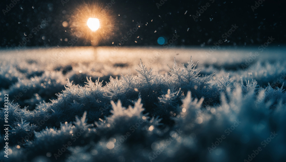 Nighttime winter wonderland macro photograph featuring intricate details of snowflakes