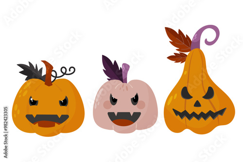 Hello Autumn hand drawn set individual elements. Pumkings with eyes and scary smiles, jack-o-lanters style. Harvest time. Colored trendy vector illustration. Autumn floral stickers.