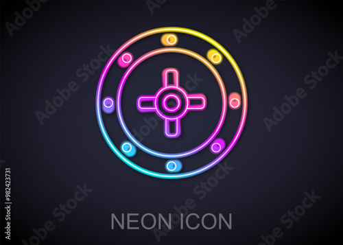 Glowing neon line Safe icon isolated on black background. The door safe a bank vault with a combination lock. Reliable Data Protection. Vector