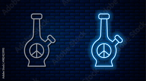 Glowing neon line Glass bong for smoking marijuana or cannabis icon isolated on brick wall background. Vector