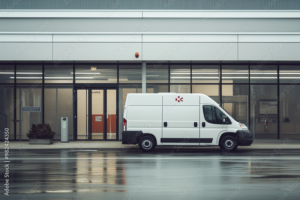 Fototapeta premium White delivery van parked outside a modern commercial building, reflecting urban logistics and transport efficiency
