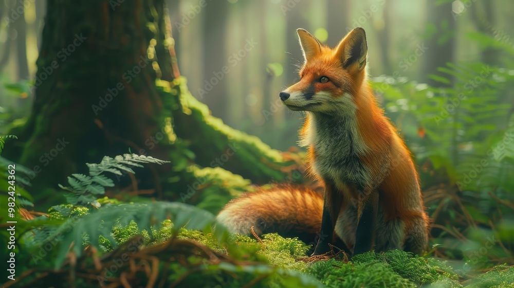 Obraz premium A red fox standing amidst lush green foliage in a sunlit forest, with soft dappled light filtering through the trees, Ai Generation