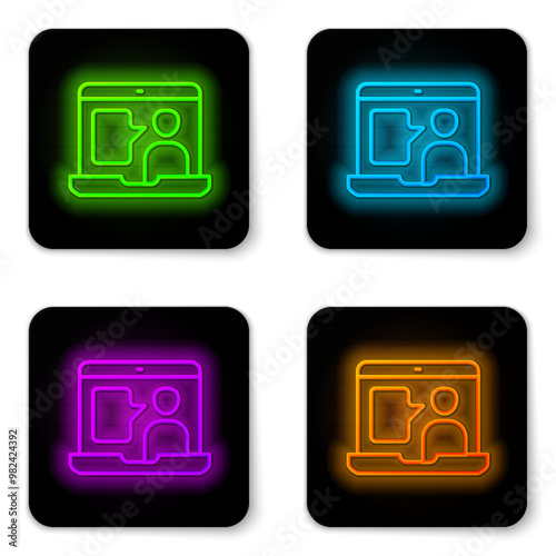 Glowing neon line E-learning of different foreign languages icon isolated on white background. Black square button. Vector