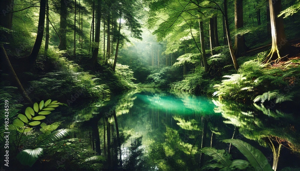 Mystical Reflections A Lush Forest Pond Illuminated by Ethereal Sunlight Mystical Reflections A Lush Forest Pond Illuminated by Ethereal Sunlight