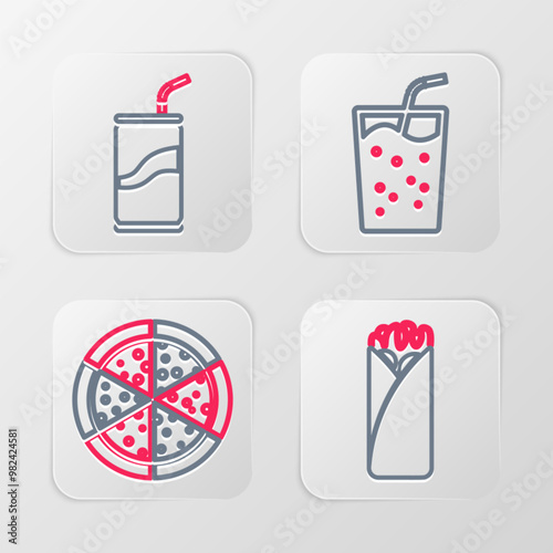 Set line Burrito, Pizza, Glass with water and Soda can drinking straw icon. Vector