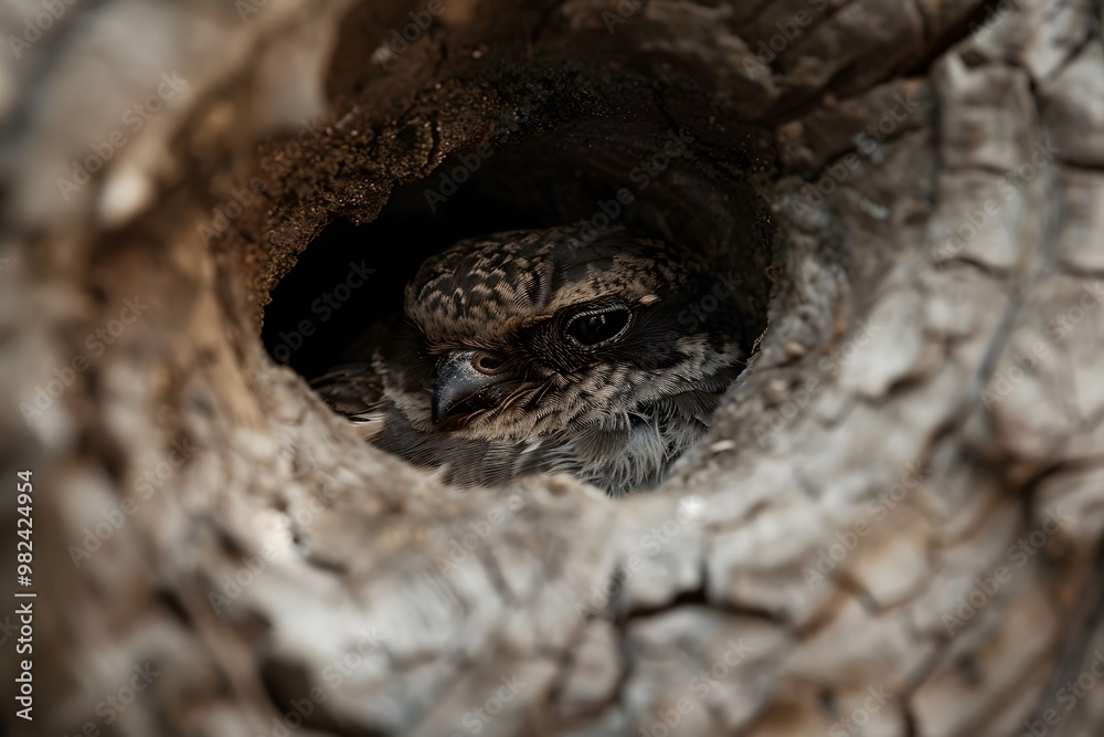 Fototapeta premium Close-up portrait of a bird looking at the camera from a tree trunk. The watchful eyes of a baby bird waiting to be fed.
