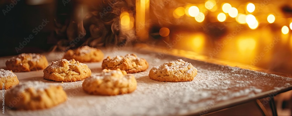 Freshly baked cookies cooling on a tray, dusted with powdered sugar and surrounded by warm, inviting lights.