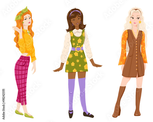 Stylish women in vintage 60s style. Confident retro female characters. 1960s fashion teenager girls vector illustration. Hippie girls wear colourful clothes