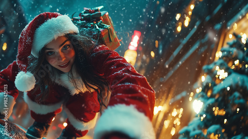 young woman in a Santa Claus suit riding a skate board delivering presents on Christmas eve, Christmas, holidays, family, gifts, winter, snow, festive