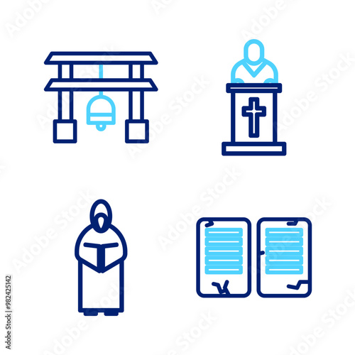 Set line The commandments, Monk, Church pastor preaching and Japan Gate icon. Vector