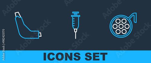 Set line Surgery lamp, Inhaler and Syringe icon. Vector